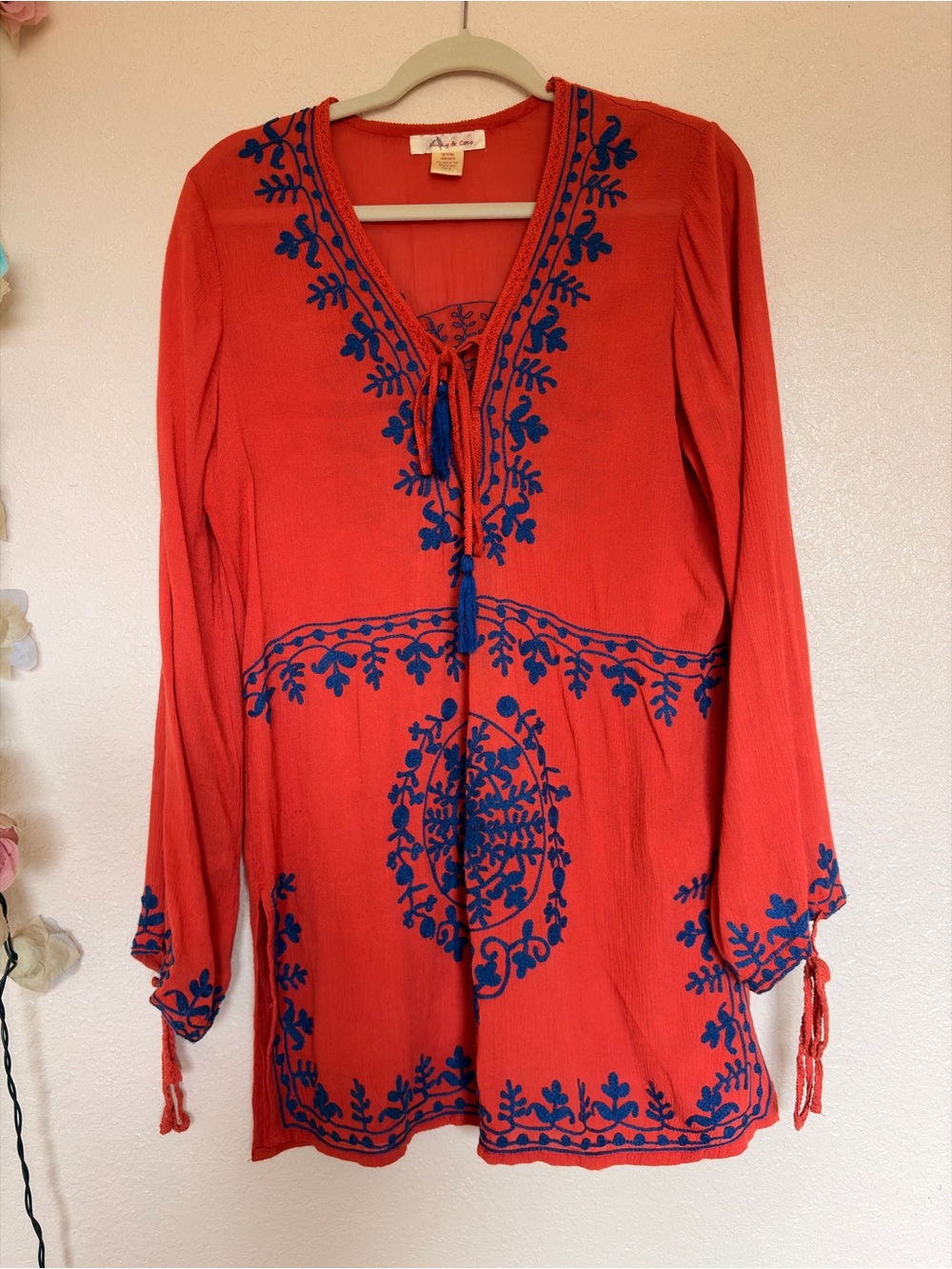 Coral Red Tunic with Blue Embroidery